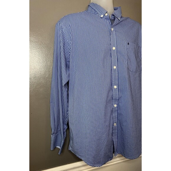IZOD Shirt Mens Large Blue Gingham Button Down Non-Iron Stretch Long Sleeve - Picture 3 of 8